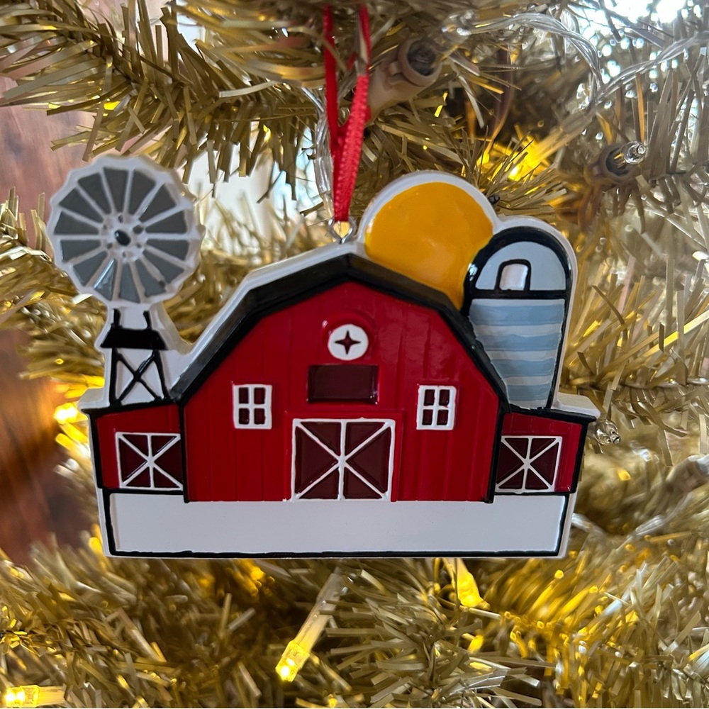 CUSTOMIZABLE red barn ceramic Christmas ornament